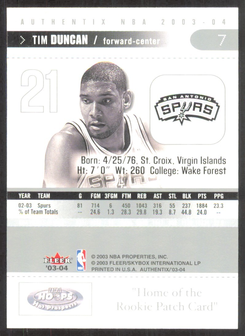 2003-04 Fleer Authentix - Tim Duncan #7 for sale online | eBay