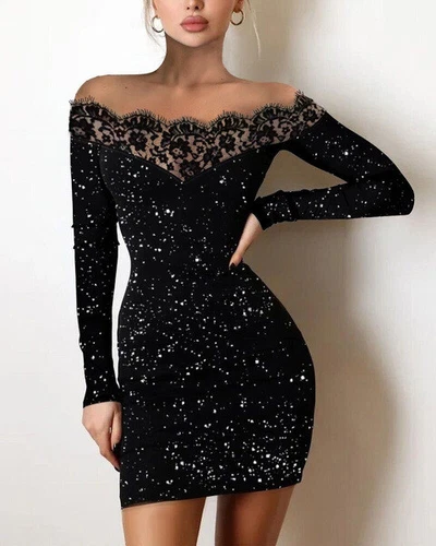 Women's off shoulder long sleeved lace tight evening cocktail dress- - Picture 3 of 7