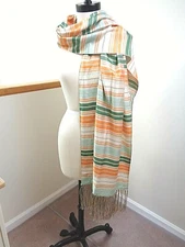 BCBG MAX AZRIA 100% Silk Scarf Pashmina Striped Fringe Large Nectar Orange 