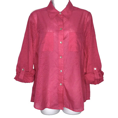 Foxcroft Button Up Top Womens Size 8 Pink Geometric Pattern Burnout Long Sleeve