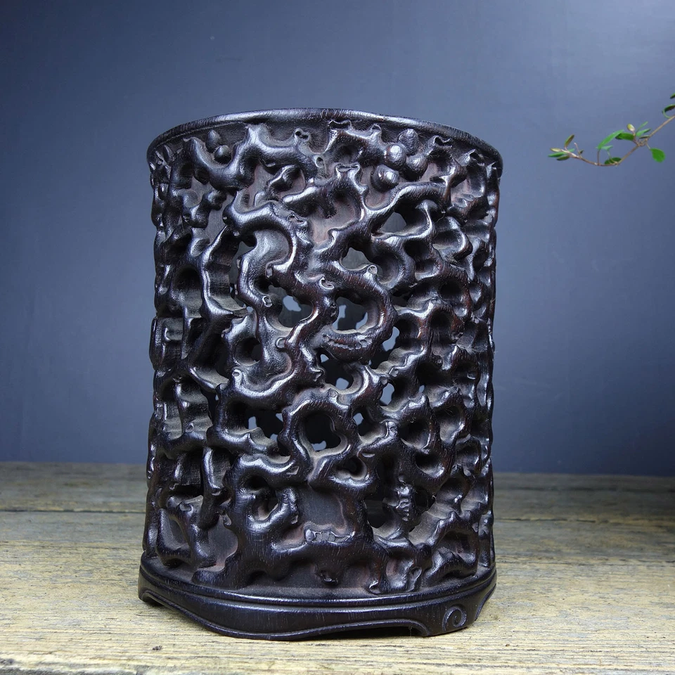 Exquisita olla de cepillo tallada en sándalo de madera vintage china de 5,9" Foto 2 de 4