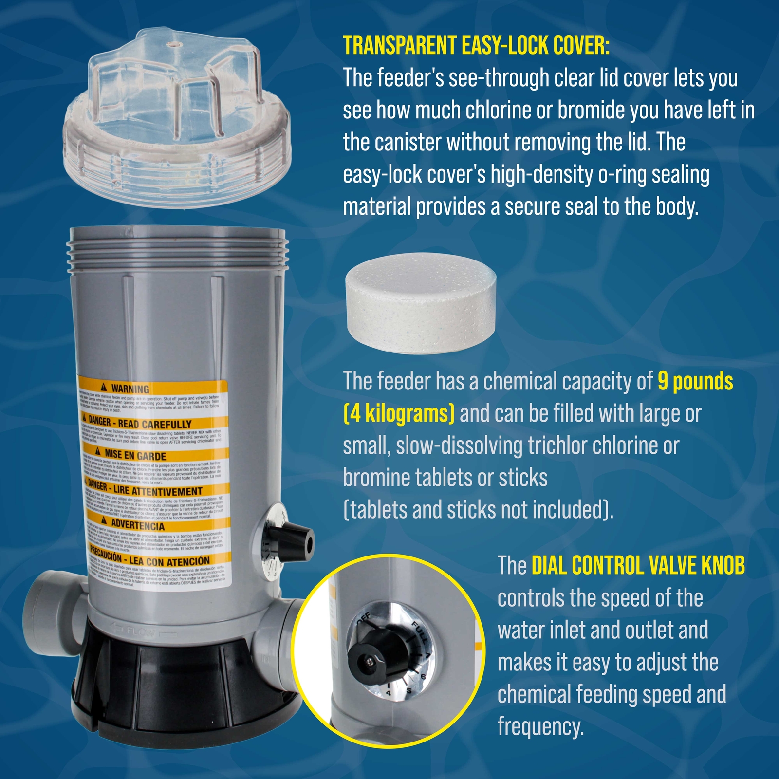 Professional In-Line Pool Automatic Chlorine Feeder - 9 lb Chemical Capacity