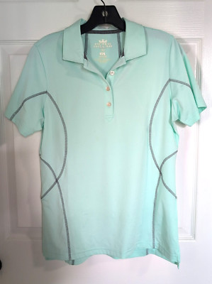 Peter Millar Aqua W/Gray stitching Short Sleeve Golf Polo Top SZ M 50+ UPF Women