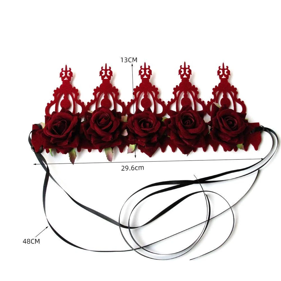 Diadema rosa corona vintage de Halloween tocado floral gótico (rojo terciopelo) Foto 2 de 4