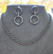 Vintage Signed Monet Chain Necklace Modernist Knocker Earrings Set Silver Tone