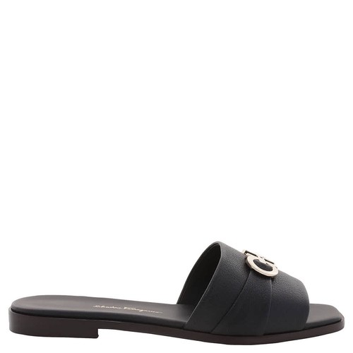 Salvatore Ferragamo Ladies Black Leather Rhodes Gancini Flat Sandals