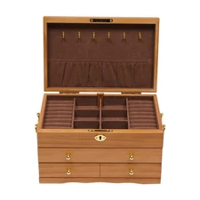 Large Capacity Wooden Jewelry Box 3 Layers W/ Safe Lock Retro Storage Organizer