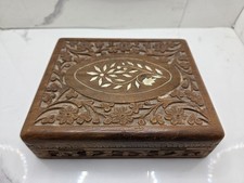 Vintage Inlaid table Box Hinged Wooden with Beautiful Carvings In Great Conditio