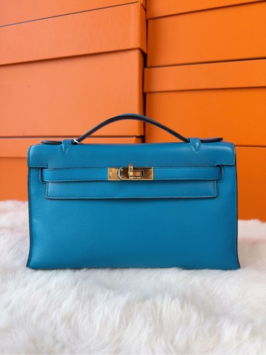 AUTH Hermes Kelly Mini I Florida Blue Swift Leather Gold HW Top‑Handle Handbag