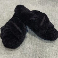 Serra Women's Black Faux Fur Slide Slippers Fur Trim Lined Comfort Winter US 5/6