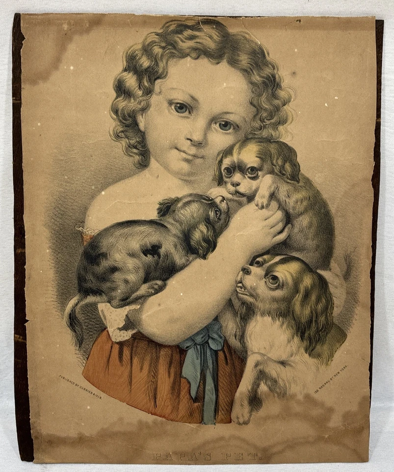 Litografía antigua original Currier & Ives papá's pet coloreada a mano ca.1857-72 Foto 2 de 4