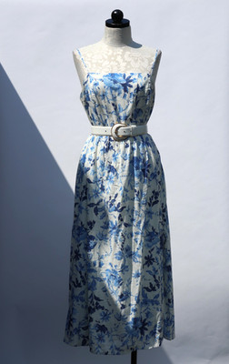 H&M White Blue Floral Linen Sleeveless Strappy Summer Resort Midi Dress Women L