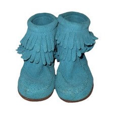 Blue Suede Moccasin Baby Boots Fringe Zip Non-Slip Rubber Sole Ankle Casual