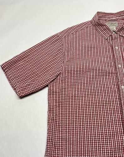 LL Bean Red White Seersucker Plaid Check Button Shirt Sz M Tall Classic 90s Y2K - Picture 4 of 20