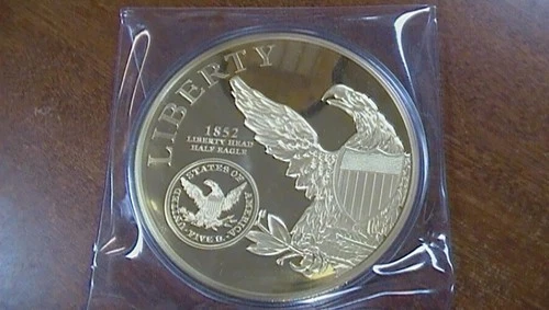 1852 Liberty Head Half Eagle Jumbo Coin Gold Plated American Mint 4" Dia