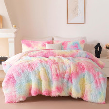 Pink Rainbow Fluffy Comforter Set Twin - 3 Pcs Faux Fur Plush Shaggy Bedding Set