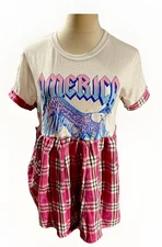 Upcycled Clothing ‘America’ Shirt Tunic Pink Plaid Art To Wear Womens Size S-Med