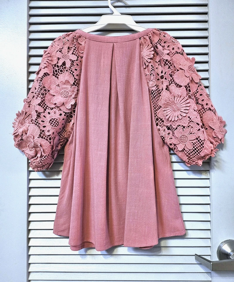 Top plisado de burbujas de ganchillo floral rosa malva 2XL Foto 3 de 3