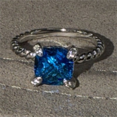 Silver Solitaire Band Ring with Blue Cushion Stone size 7 Authentic blue topaz 