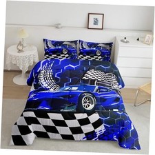 Toddler Race Car Bed for Boys,Blue Neon Lights Honeycomb Bedding Full Multi 06