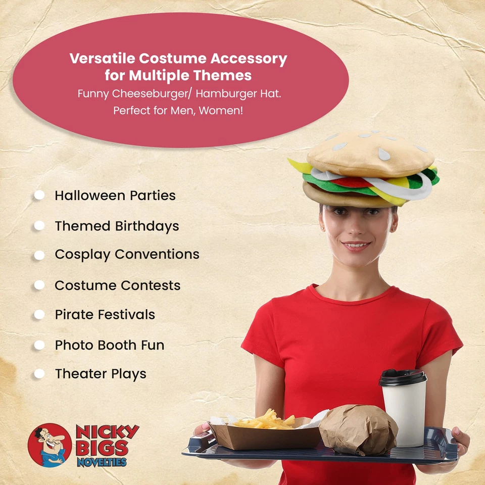 Sombrero de hamburguesa con queso adulto hamburguesa novedad hamburguesa divertida accesorio de disfraz Foto 4 de 4