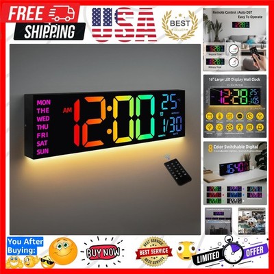 8 Colors Digital Wall Clock, 16.2'' Large Digital Clock with Temperature, Date...