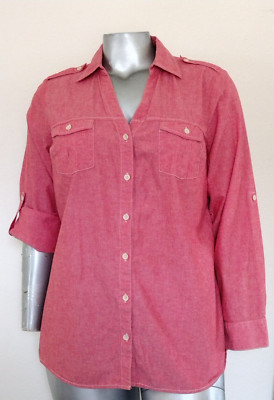Women's A.N.A. TOP BLOUSE SHIRT Size 1X Roll tab sleeve Pockets 100% cotton