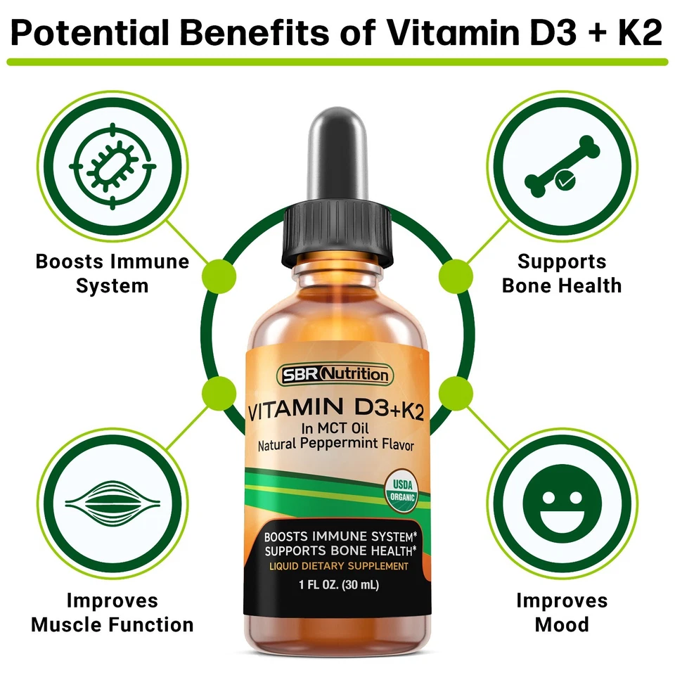 Gotas líquidas de vitamina D3 + K2 (MK-7), aceite MCT, apoyo inmunológico, orgánico del USDA, 1 fl oz Foto 3 de 4