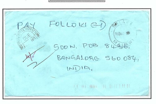 MALAWI, BALAKA TO INDIA, UNPAID MAIL, TAXED IN INDIA. UNUSUAL - 第 1/1 張圖片