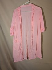 Vintage Pink Nylon Robe Peignoir 3/4 Sleeve Button Front Lounge 42 Long