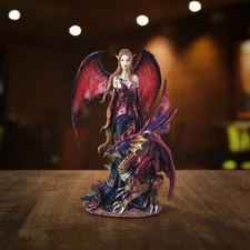 Gothic Red Fairy with Dragon Statue 8"H Fantasy Collectible Figurine Room Decor