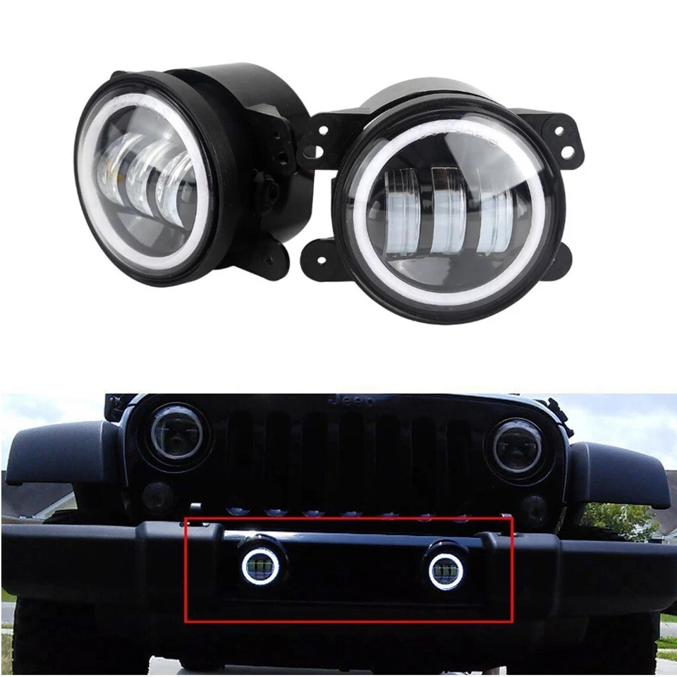 For JK TJ Jeep Wrangler 97-17 4inch Round LED Fog Lights Halo Angel Driving Lamp - Image 4 of 4