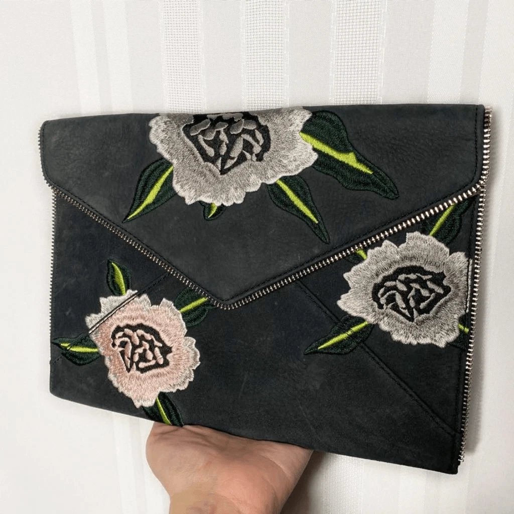Rebecca Minkoff Leo Nubuck Leather Embroidered Floral Envelope Clutch Handbag