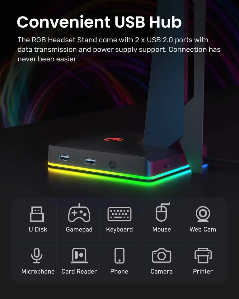 RGB Gaming Headset Ständer mit 2 USB Ports Game Kopfhörer Halterung für PC Xb... - Bild 4 von 4
