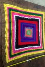 Vintage Afghan Crocheted 60 X 60 Inch Square Brown Granny Rainbow Throw Blanket