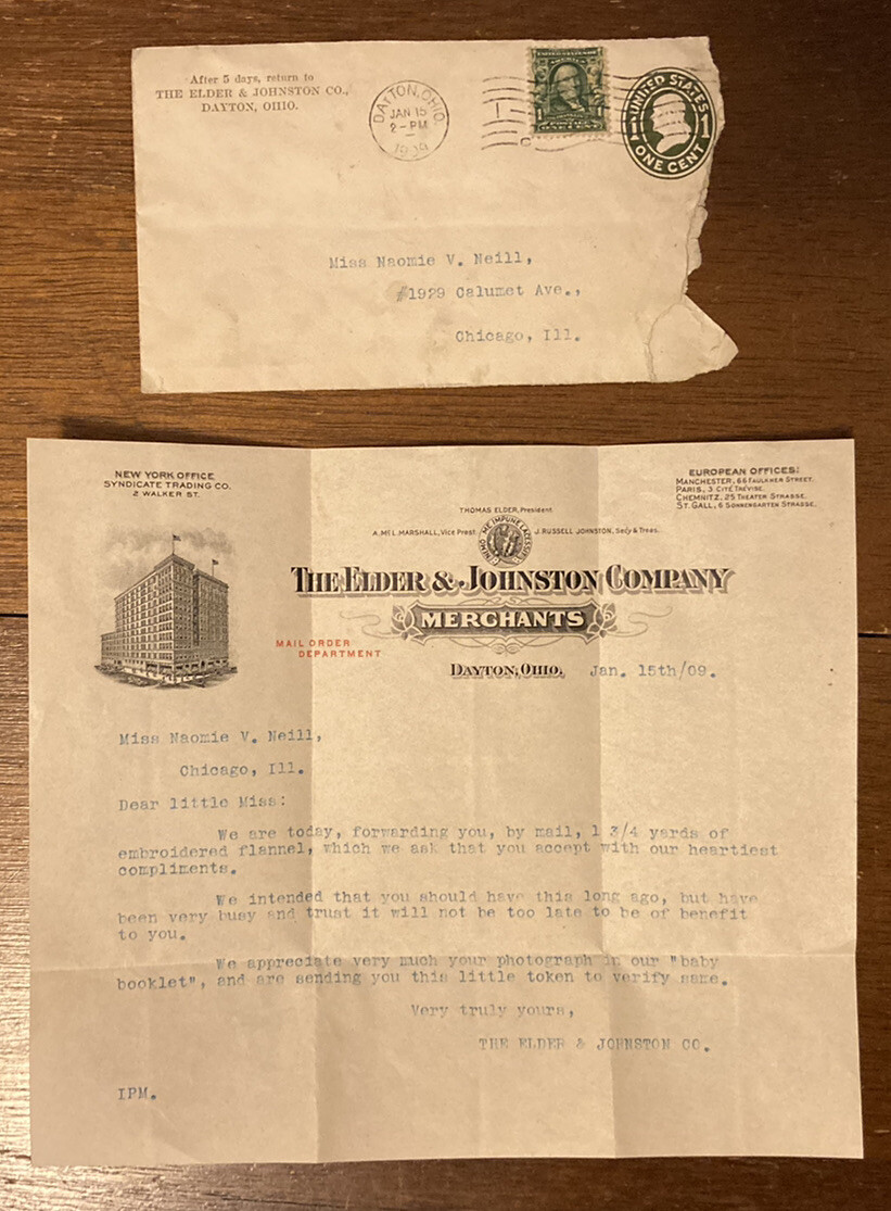ELDER & JOHNSTON CO Ornate 1909 Letterhead Letter with Cancelled
