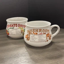 Vintage Soup Bowls Mugs Recipes Mushroom Tomato Pair Traditional Food Service