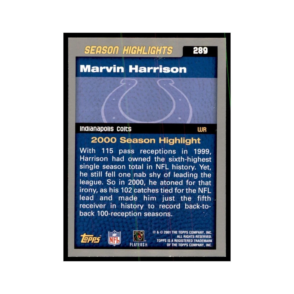 Marvin Harrison 2001 Topps #289 Football Cards Football Card NM - Image 2 of 3
