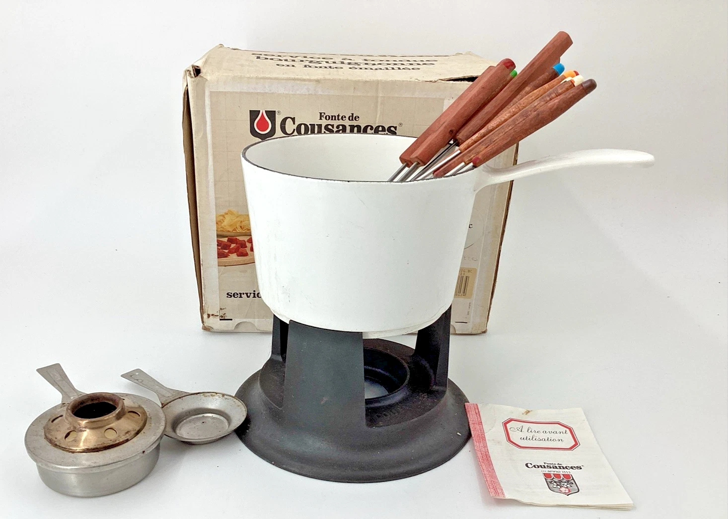 Cousances Cast Iron White Enamel Fondue Vintage Set In Box