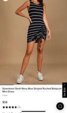 Lulus Downtown Stroll Navy Blue Striped Ruched Bodycon Mini Dress Medium NWOT