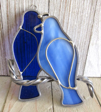 Vintage Stained Glass Sun Catcher 2 Blue Birds On A Branch-Hook