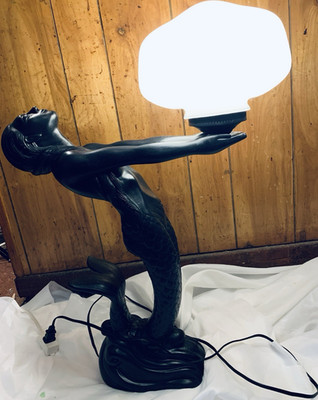 Mermaid Lady Lamp Black Resin Figure with White Globe Glass Shade Vintage 