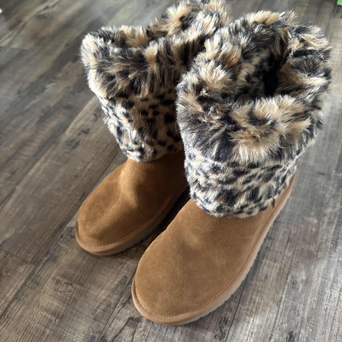 UGG Koolaburra Dezi boots Tan/Animal cheetah fur cuff Sz FALL