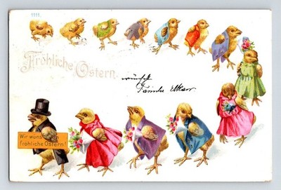 Postkarte Ostergrüße: Küken in einer Reihe. Post Wien, 1900.