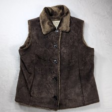 EDDIE BAUER Women Medium Genuine Leather Suede Vest Faux Fur Lining Collar