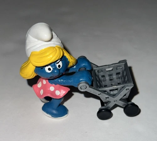 Vintage Smurf Figure, Super Smurf, Smurfette Shopping Cart, Peyo, Schleich, 1981