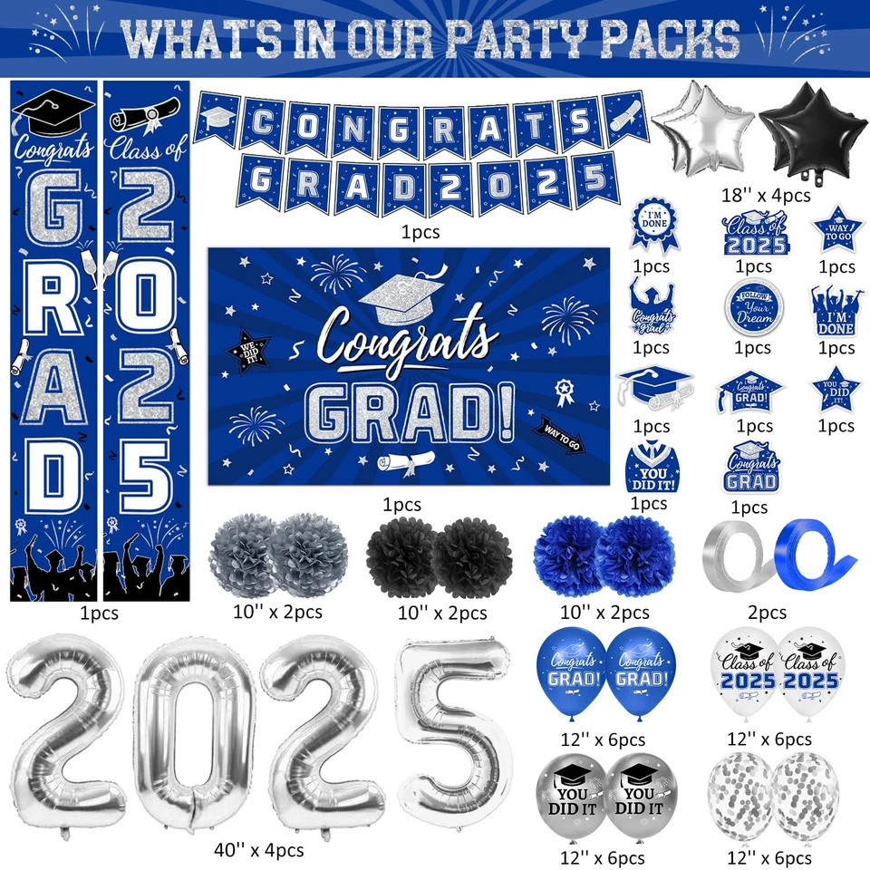 Graduation Decorations 2025 Blue Silver Backdrop Banner Balloons Party - Image 2 of 4
