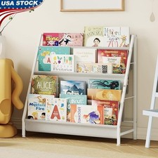 Kids Bookshelf 4 Tier Canvas Storage Organizer Metal Frame Adjustable Feet New