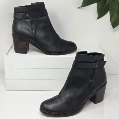 Halogen Womens 8.5 Boots Leather Black Ankle Booties Block Heel Strap Almond Toe - Image 1 of 4