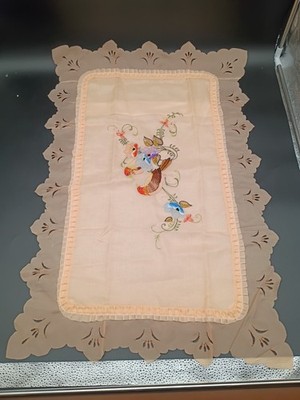 Vintage Chinese Embroidered Bird Pillowcase Ruffle Trim Floral Mei Ge China Pair
